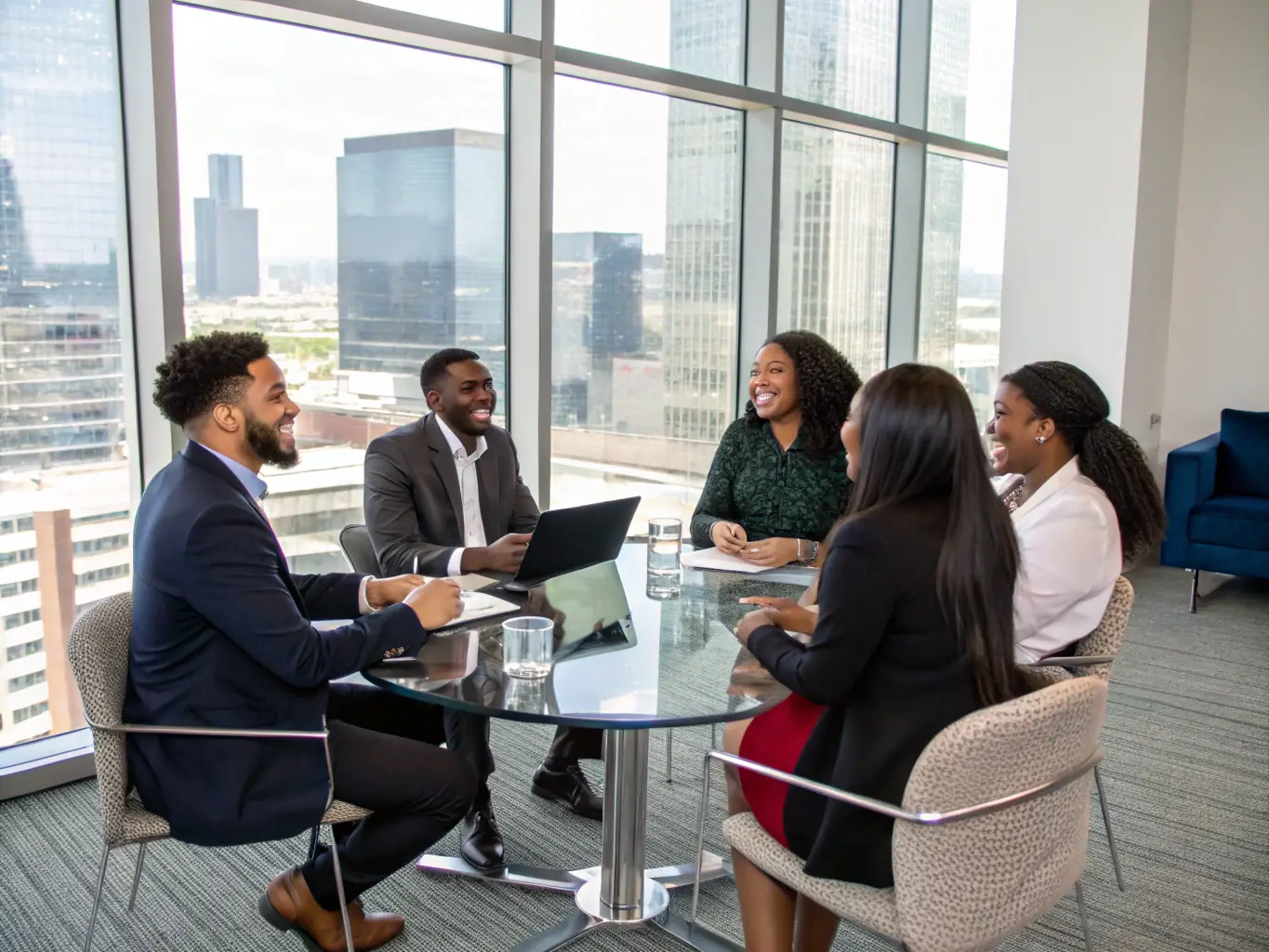 An image showing a diverse team of professionals collaborating and smiling, indicating successful human adoption of new technologies facilitated by Kenobiz.