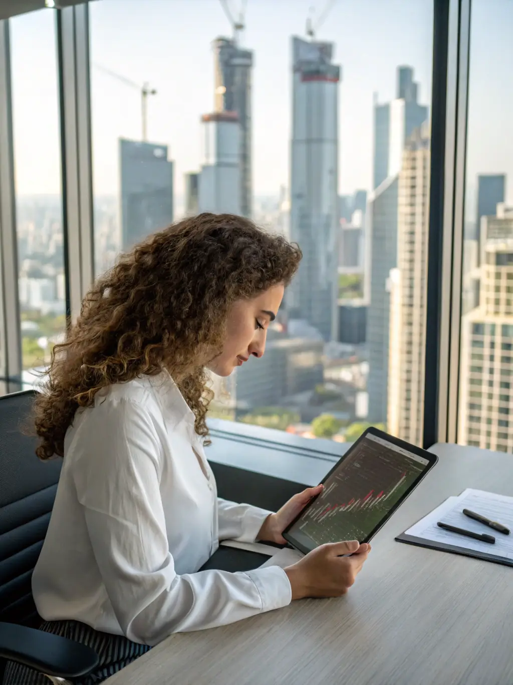 A sales representative using Microsoft Copilot to prepare for a meeting, with relevant data and insights displayed on a tablet in a modern meeting room.