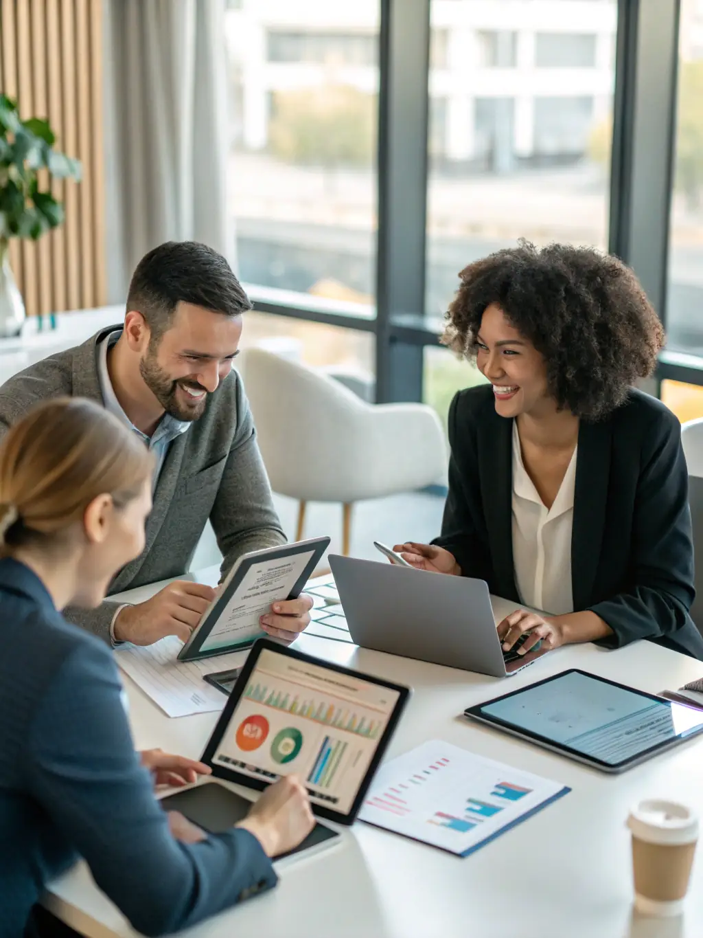 A diverse team of professionals collaborating and discussing the benefits of Microsoft Copilot in a modern office environment, with a focus on improved productivity and efficiency.